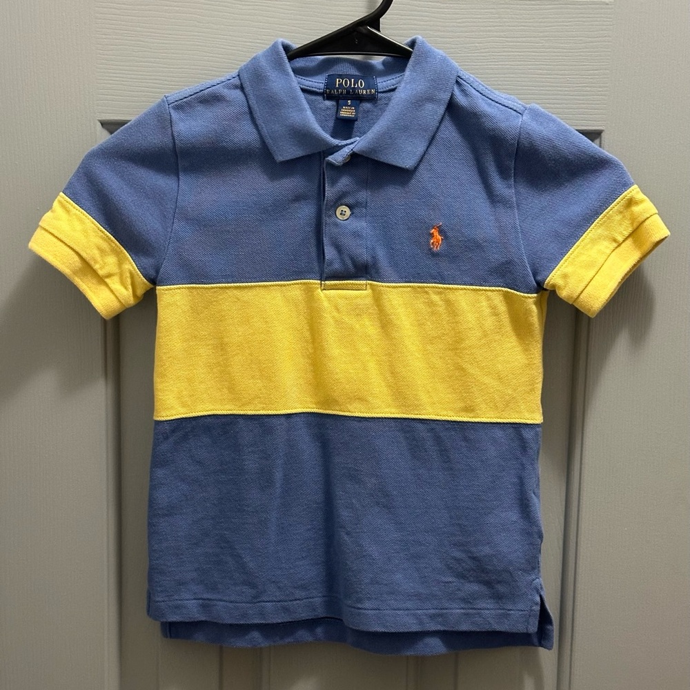 Polo Ralph Lauren Shirt Youth 5 Blue Yellow Stripe Pony Short Sleeve Boys